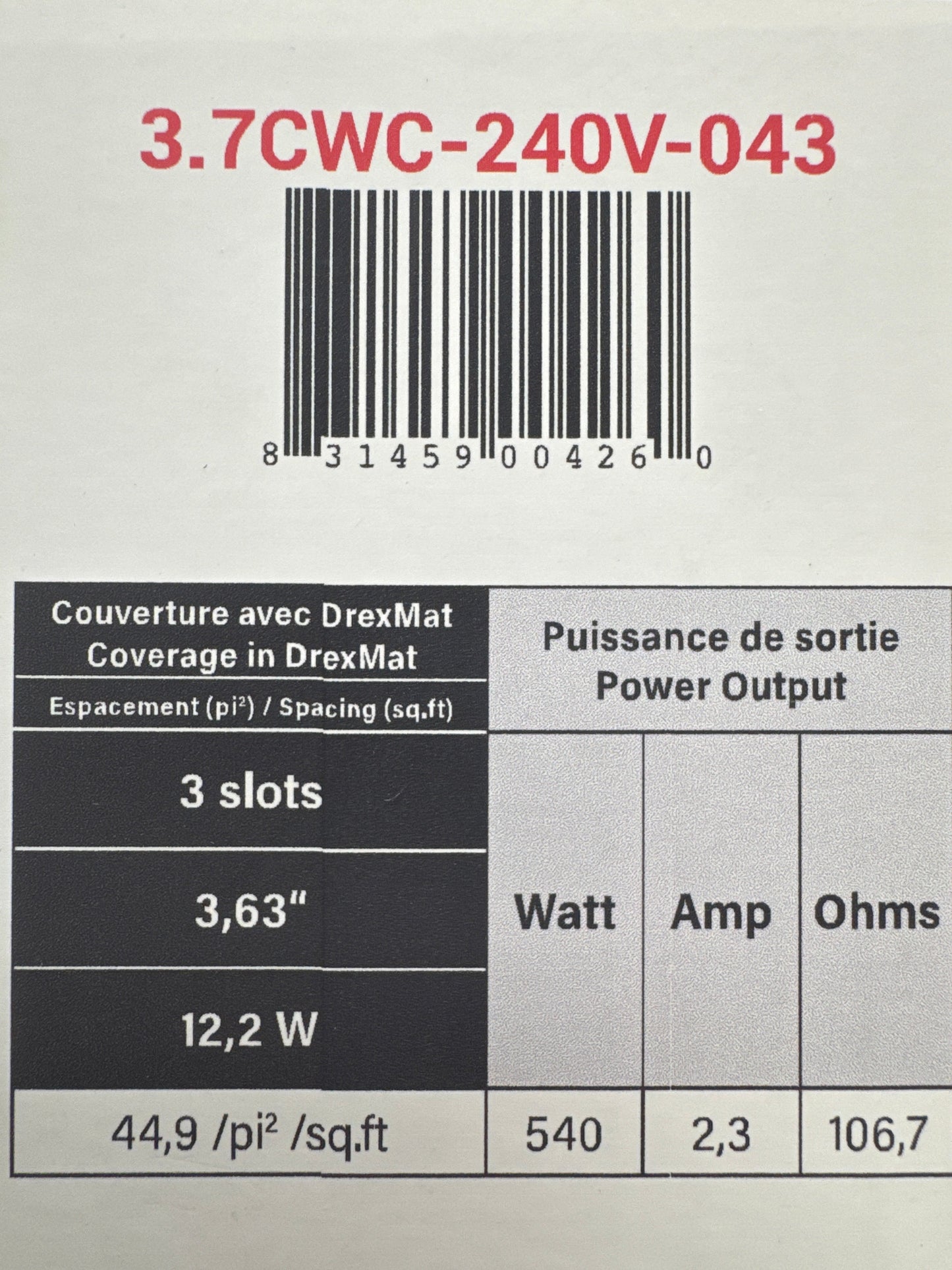 Système de câble chauffant par le sol 3,7 W - 3 fentes – 3,63 pouces – 12,2 W – 44,9 pi²