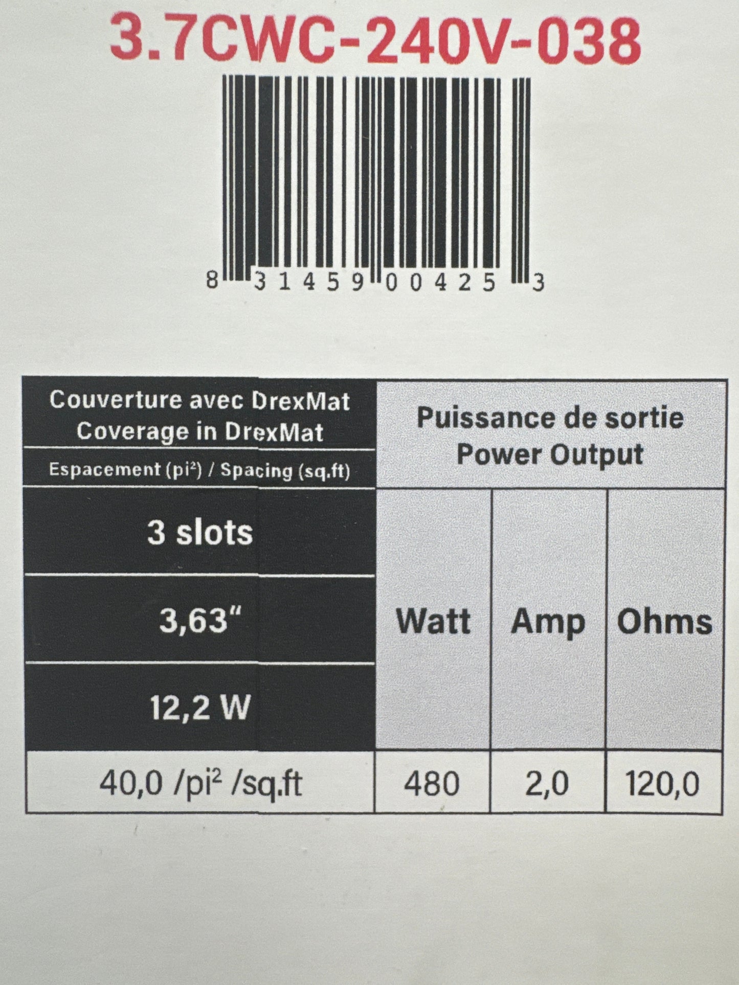 Système de câble chauffant par le sol 3,7 watts - 3 fentes 40 - 132 pi 40,2 m - 3,7CWC-240V-38