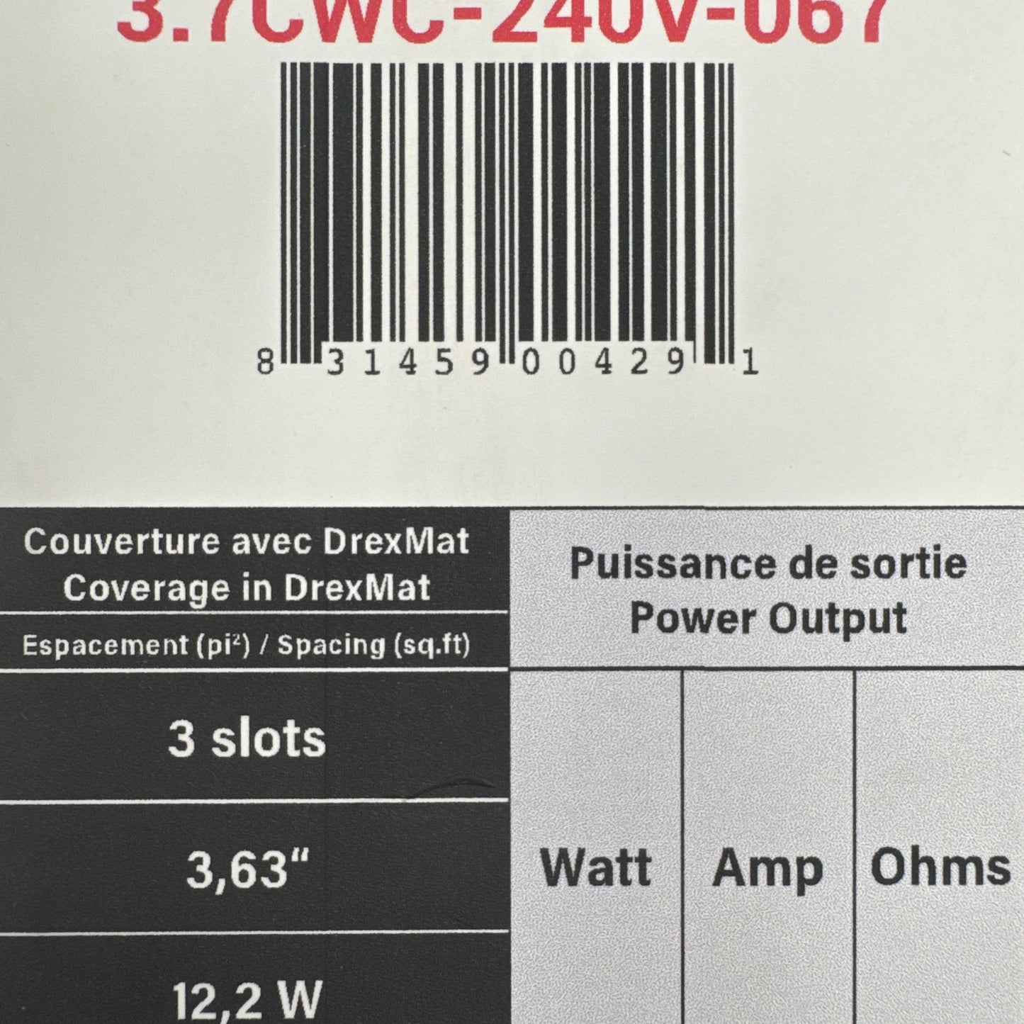 Système de câble chauffant par le sol 3,7 watts. 3 fentes 69,9 - 231 pi 70,4 m