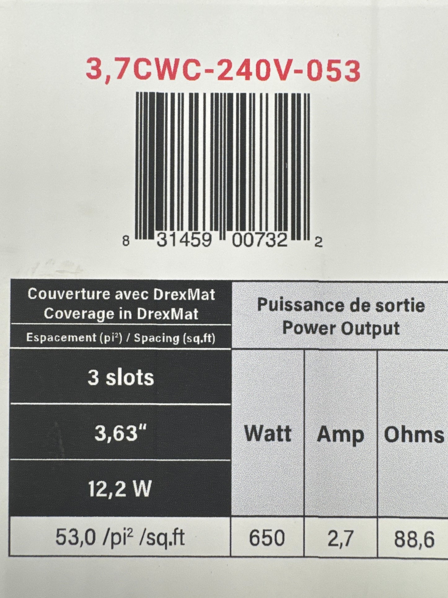 Système de câble chauffant par le sol 3,7 watts. 3 fentes 53 - 175 pi 53,3 m