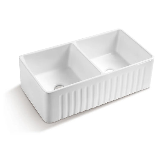 Kitchen Sink, Double Bowl 50/50 Reversible Farm Sink, Apron-Front Ceramic Sink,White Color 33-1/4x18x10