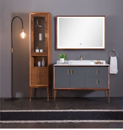 Ensemble de meuble-lavabo de salle de bain classique 47,4 po x 23,2 po en bois naturel et gris avec miroir et armoire de service 