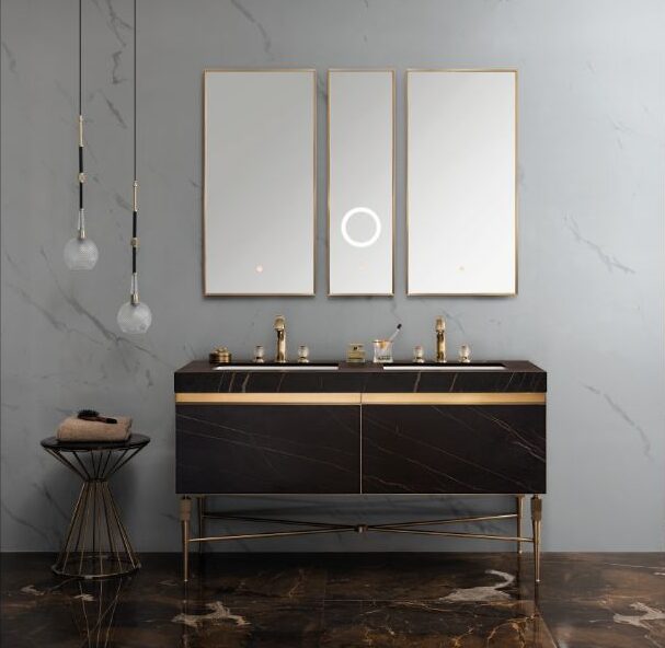 Ensemble de meuble-lavabo de salle de bain classique 59 po x 22,9 po en marbre noir naturel avec miroir