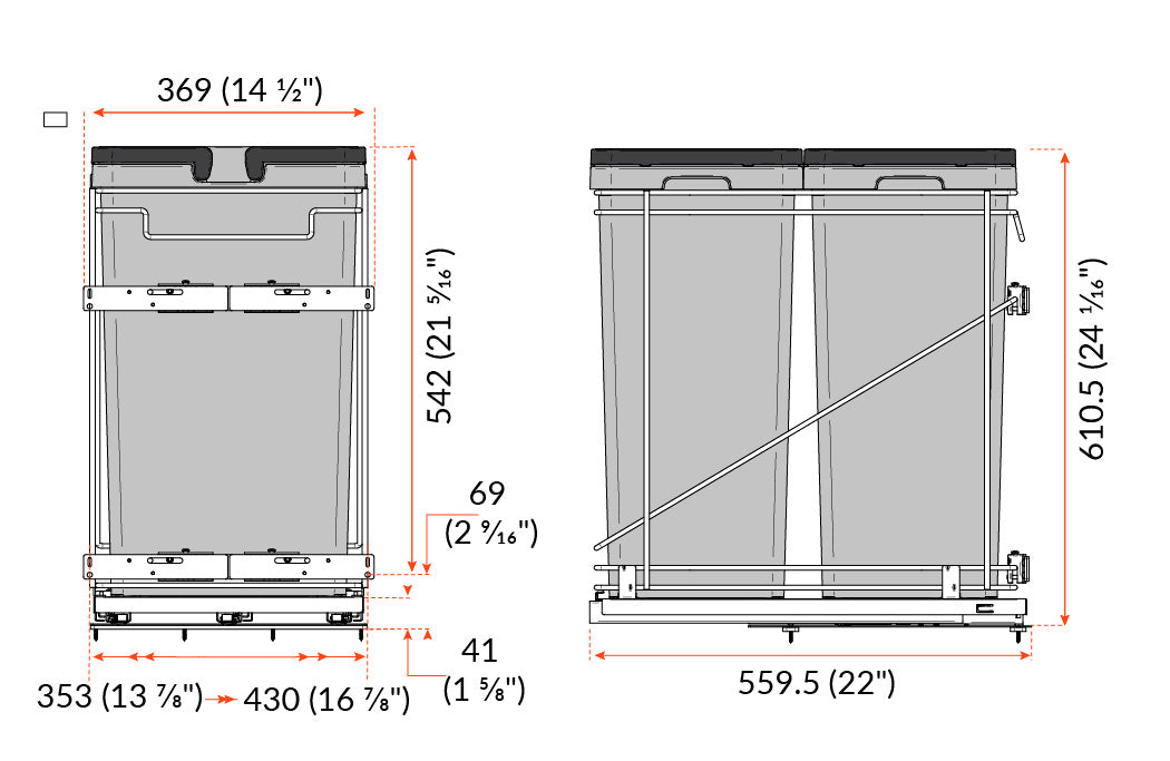 Poubelle coulissante Vibo Kombi 18 po 100 L 2 bacs gris